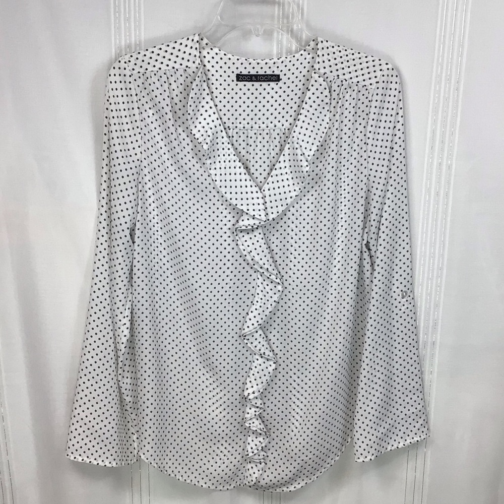 ⚫️ Zac & Rachel White Black Dots Ruffled V-Neck Long Sleeve Blouse Sz.M